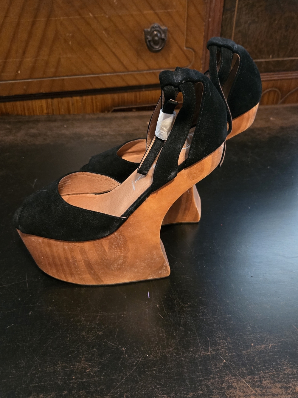 Jeffery Campbell Black Suede Platform Sandals with Wood Invisible Wedge Size 9 - Picture 5 of 7